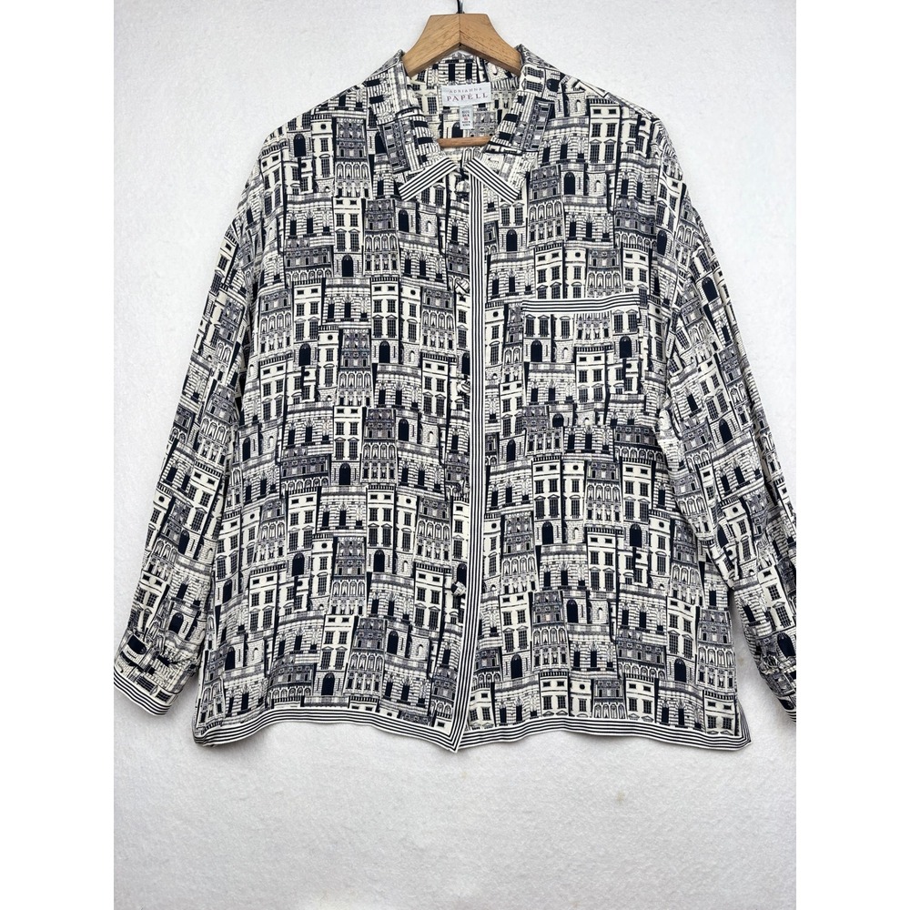 Adrianna Papell Silk Blouse Womens 16 Architectural Print Button Front Artsy